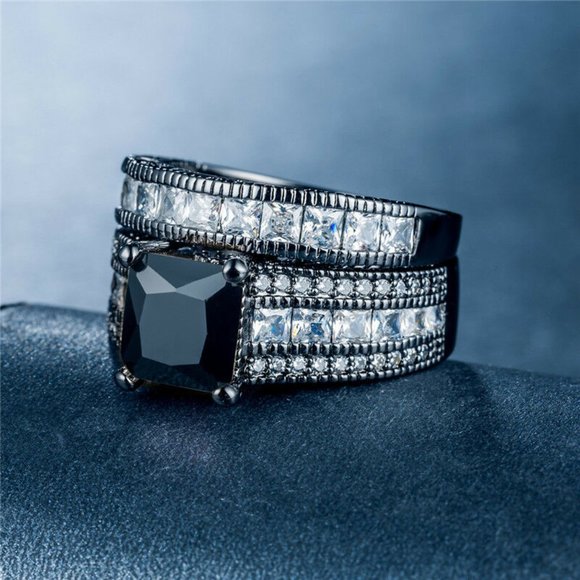 New 2pc Silver Black Gold Filled Sapphire Ring - Picture 3 of 4